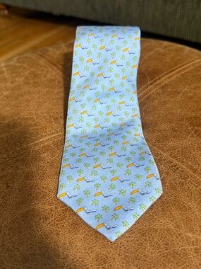 Brooks Brothers Sky Blue Silk Tie with Toucan & Green Palm Motif